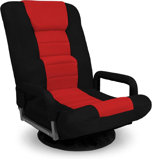 360-Degree Swivel Gaming Chair: Multipurpose Floor Rocker for TV, Reading, and Gaming with Lumbar Support, Armrest Handles, and Adjustable Backrest - Black/Red