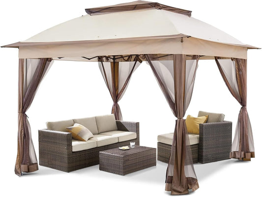 11x11 Pop-Up Instant Gazebo Tent - Beige Outdoor Canopy Shelter with Mosquito Netting and 121 Square Feet of Shade