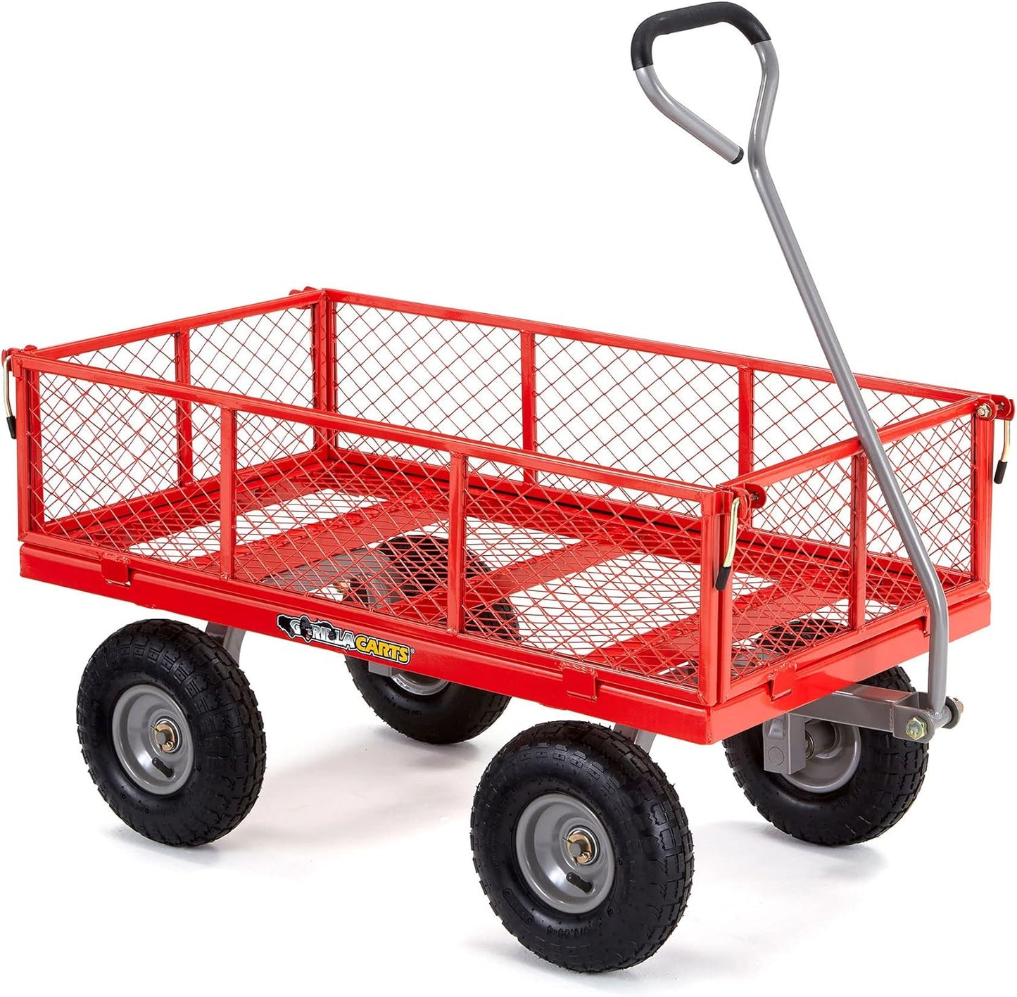 "800 Pound Capacity Steel Flatbed Garden Utility Cart - Red, Outdoor Yard Dolly Wagon with Tow Handle and Removable Sides "