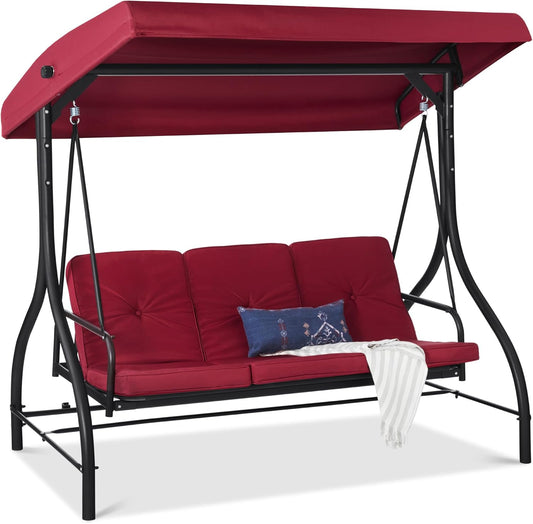 3-Seat Outdoor Canopy Swing Glider Hammock with Flatbed and Adjustable Shade, Burgundy
