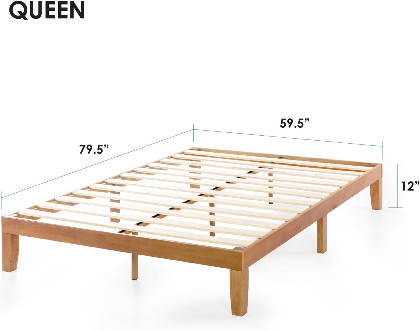 12" Queen Pine Platform Bed - Solid Wood, Wooden Slats, No Box Spring Needed, Easy Assembly