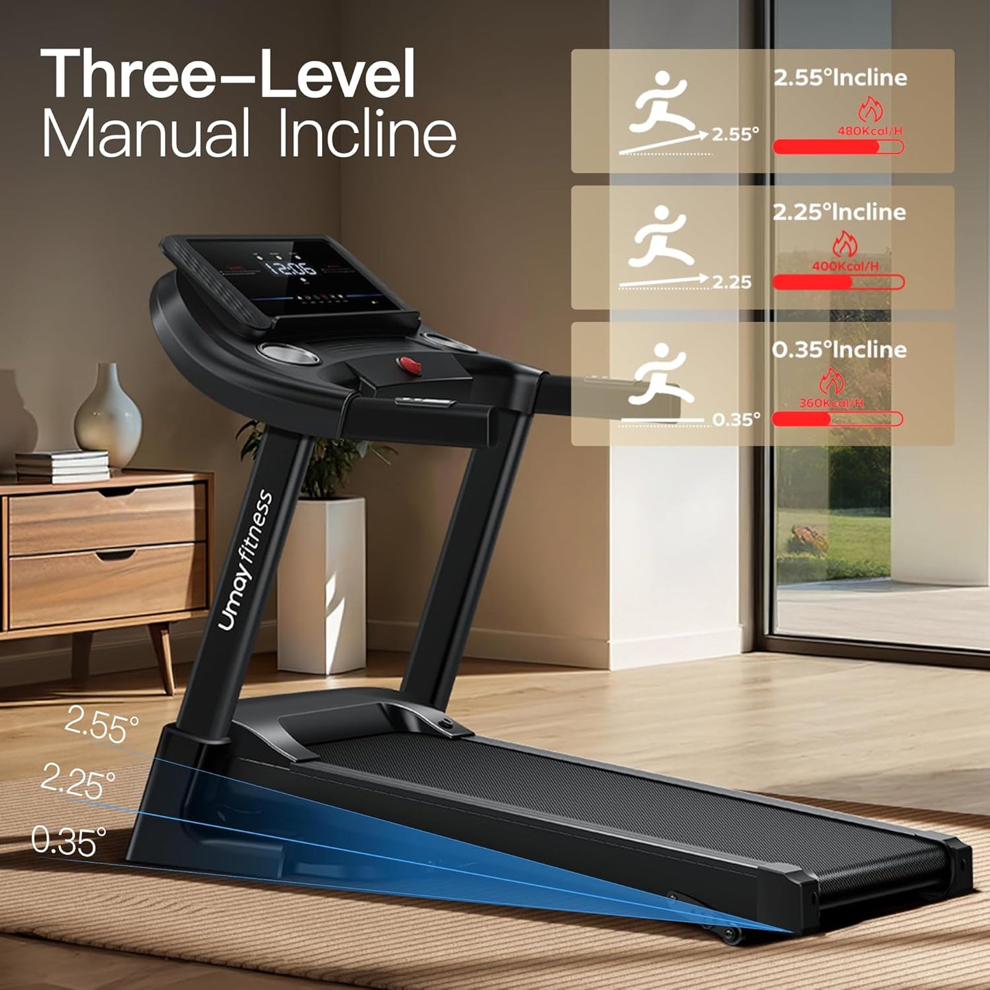 "Home Fitness Treadmill - Auto Folding, 3-Level Incline, Pulse Sensors, 3.0 HP Quiet Brushless Motor, 8.7 MPH, 300 lbs Capacity "