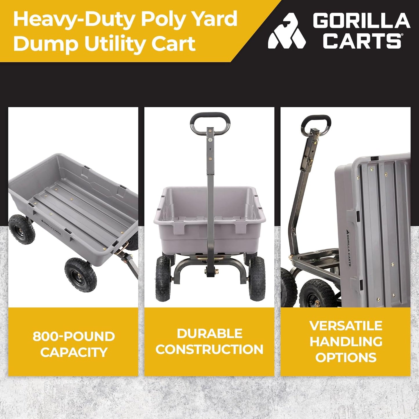 Heavy-Duty Poly Yard Garden Cart - 800 lb Capacity, Steel Dump Utility Wheelbarrow with 2-in-1 Towing ATV Handle, Gray