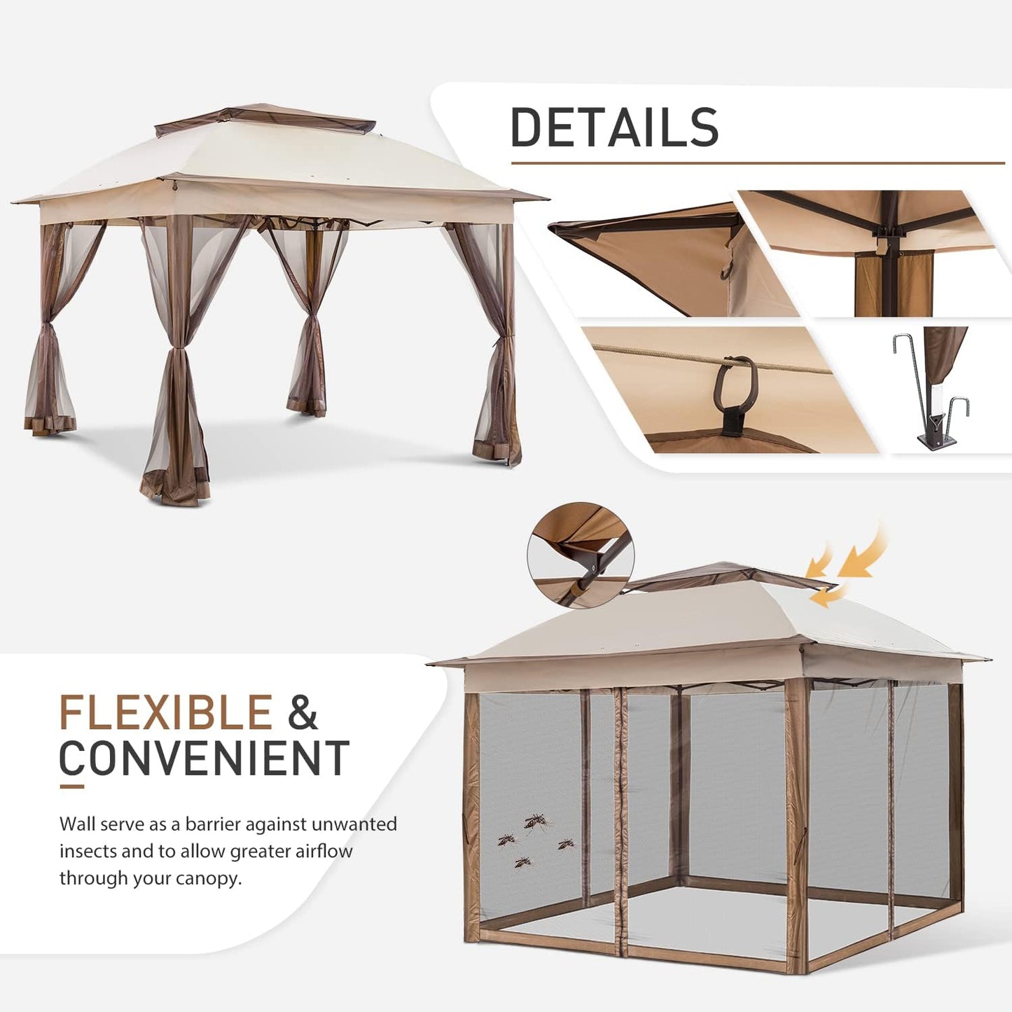 11x11 Pop-Up Instant Gazebo Tent - Beige Outdoor Canopy Shelter with Mosquito Netting and 121 Square Feet of Shade
