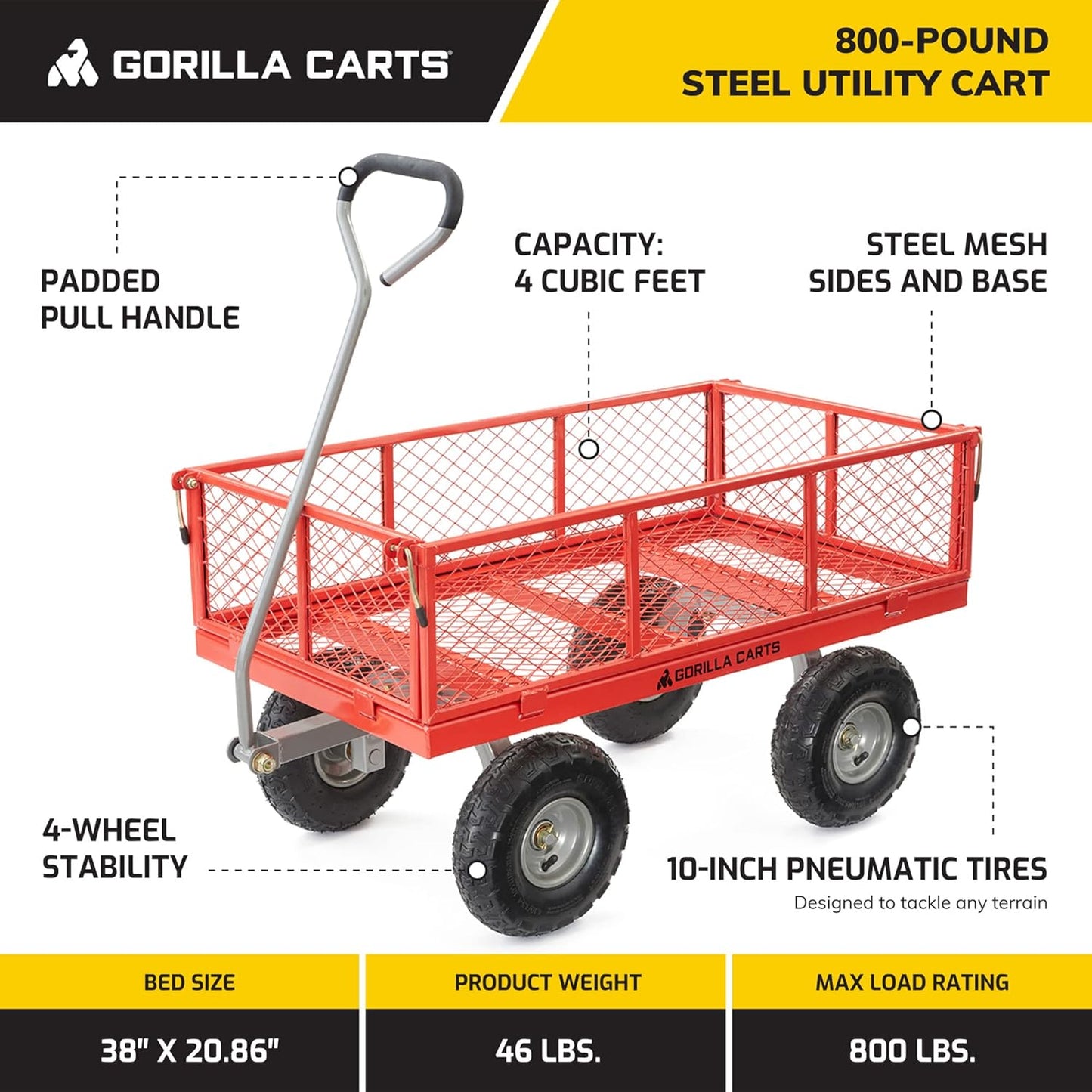 "800 Pound Capacity Steel Flatbed Garden Utility Cart - Red, Outdoor Yard Dolly Wagon with Tow Handle and Removable Sides "
