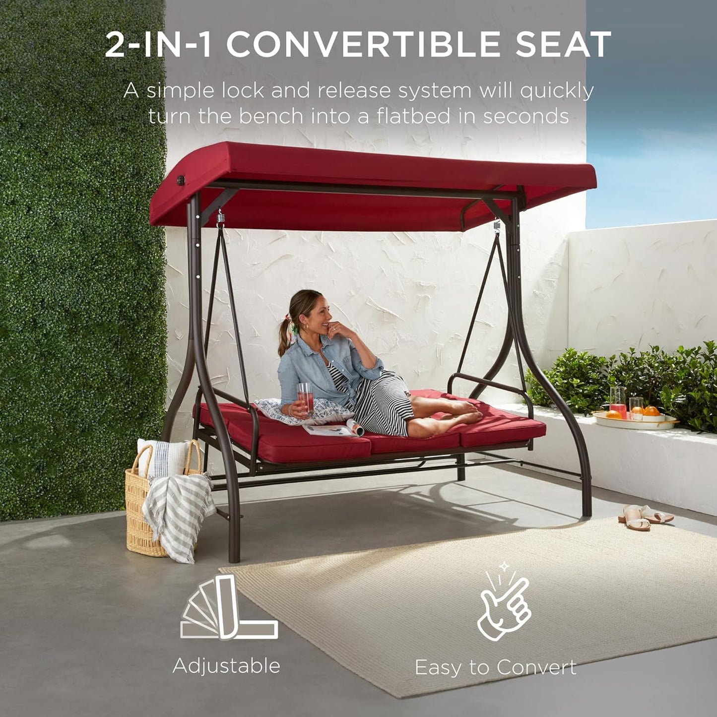 3-Seat Outdoor Canopy Swing Glider Hammock with Flatbed and Adjustable Shade, Burgundy