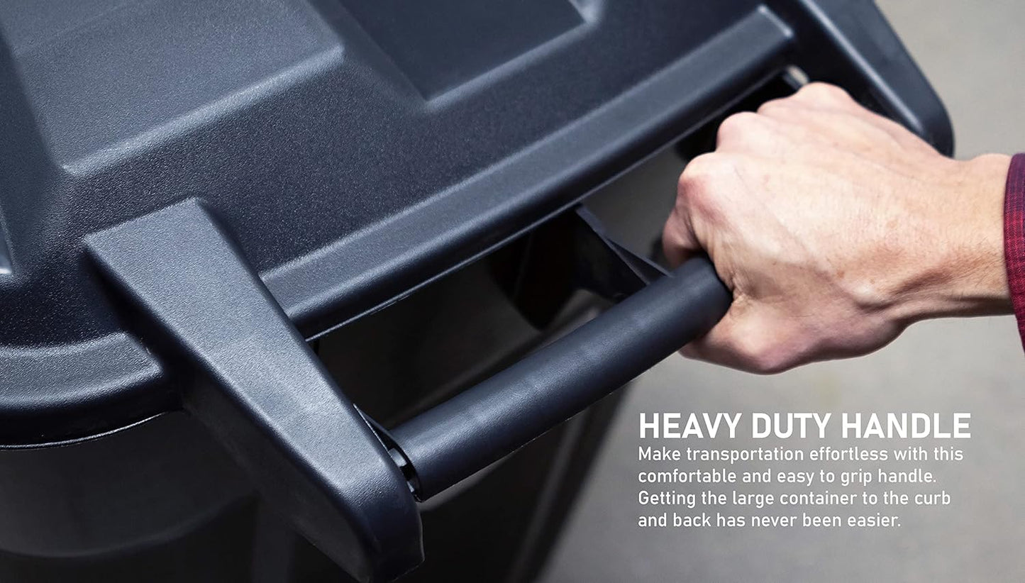 32 Gallon Black Outdoor Garbage Can with Snap Lock Lid, Wheels, and Heavy-Duty Handles