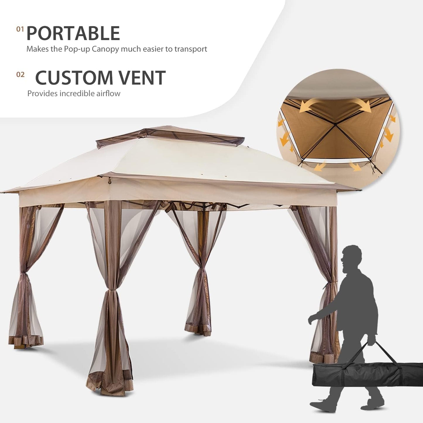 11x11 Pop-Up Instant Gazebo Tent - Beige Outdoor Canopy Shelter with Mosquito Netting and 121 Square Feet of Shade