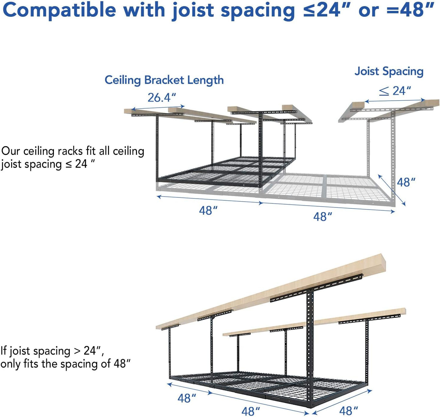 Adjustable 4x8 Overhead Garage Storage Rack, Heavy Duty Metal Ceiling Organization System with 600lbs Capacity, Hammertone Finish