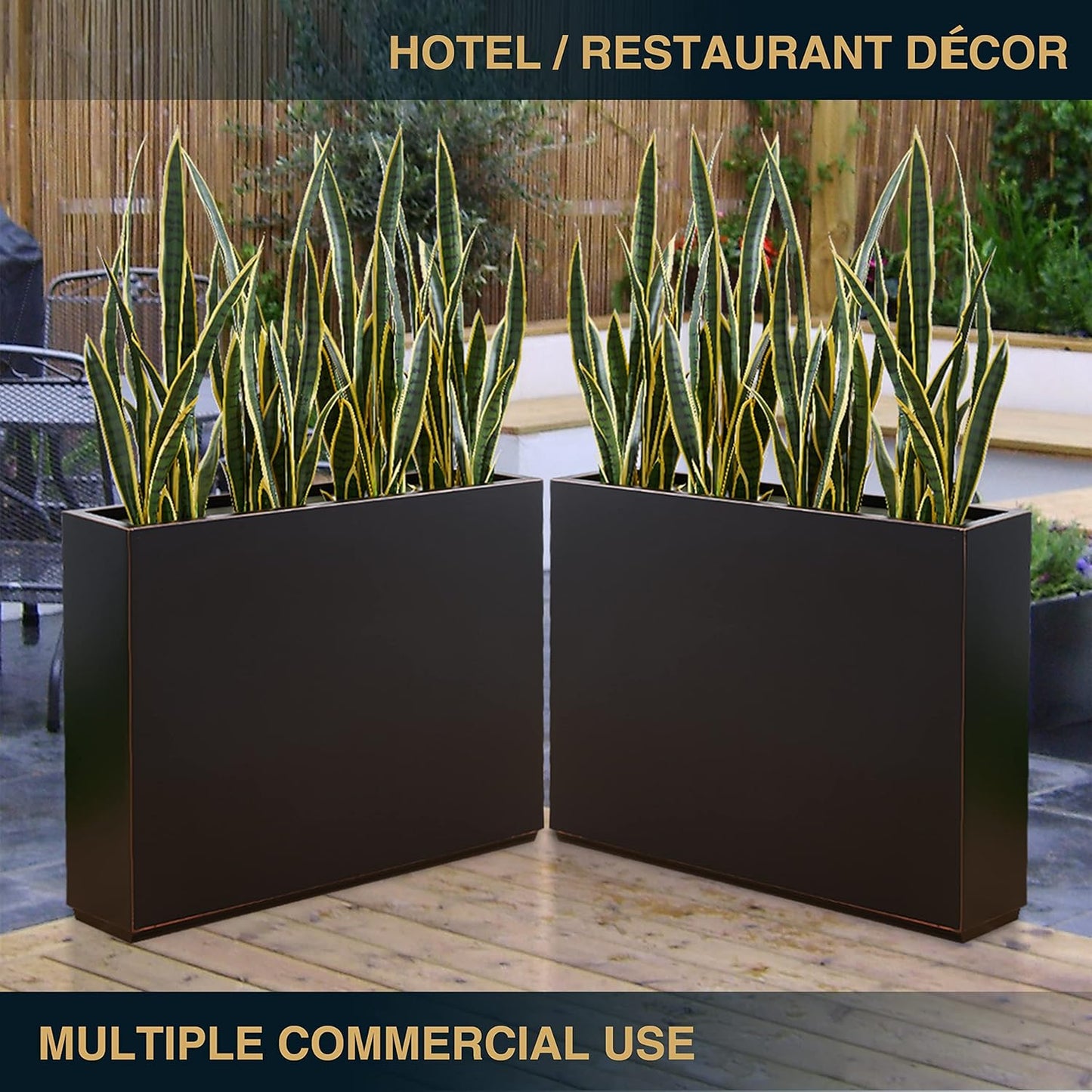 Black Metallic Planter Box with Hand-Brushed Gold Edge - 38Lx10Wx30H Inches, Heavy Outdoor and Indoor Divider, No Assembly Required