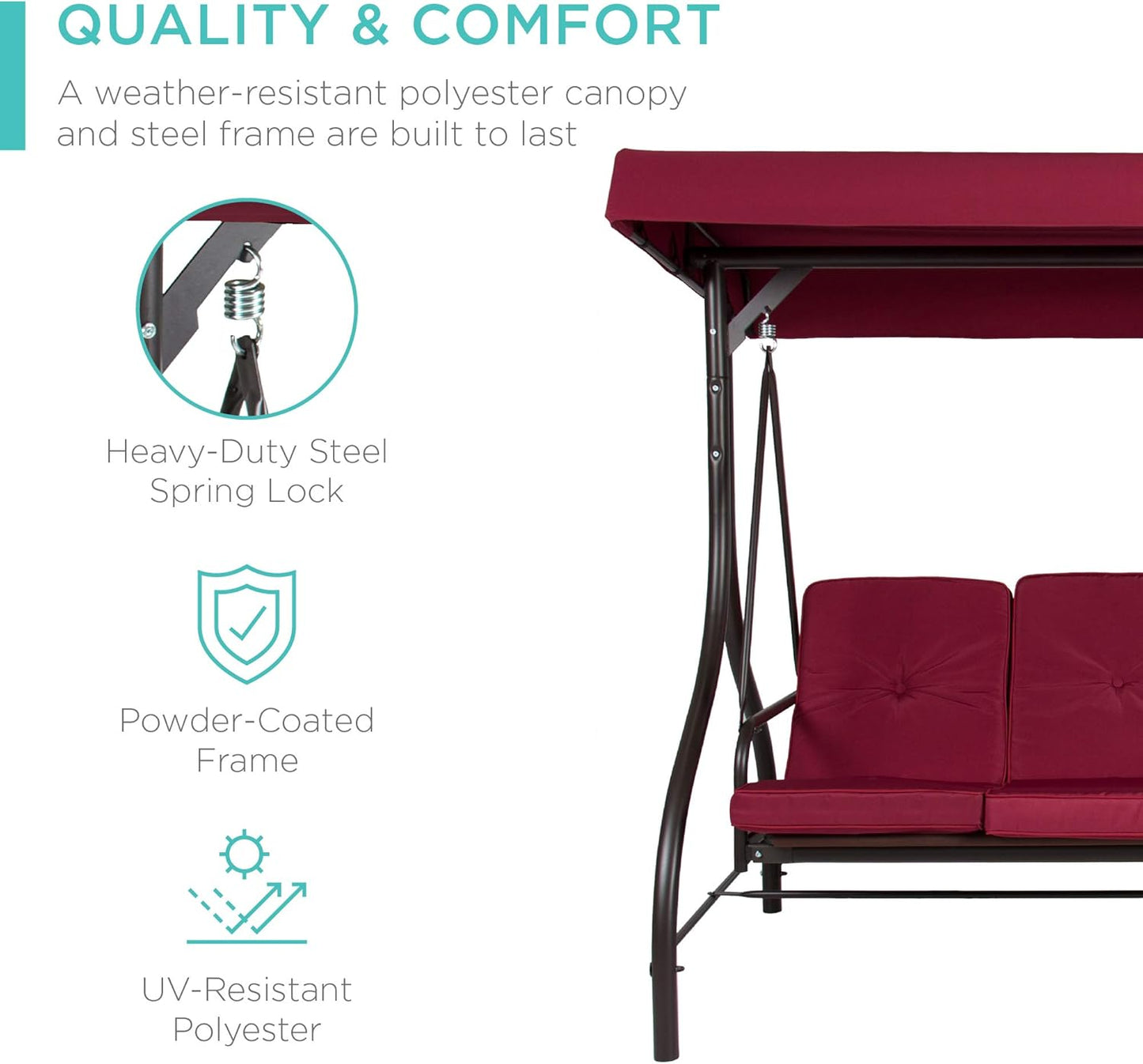 3-Seat Outdoor Canopy Swing Glider Hammock with Flatbed and Adjustable Shade, Burgundy