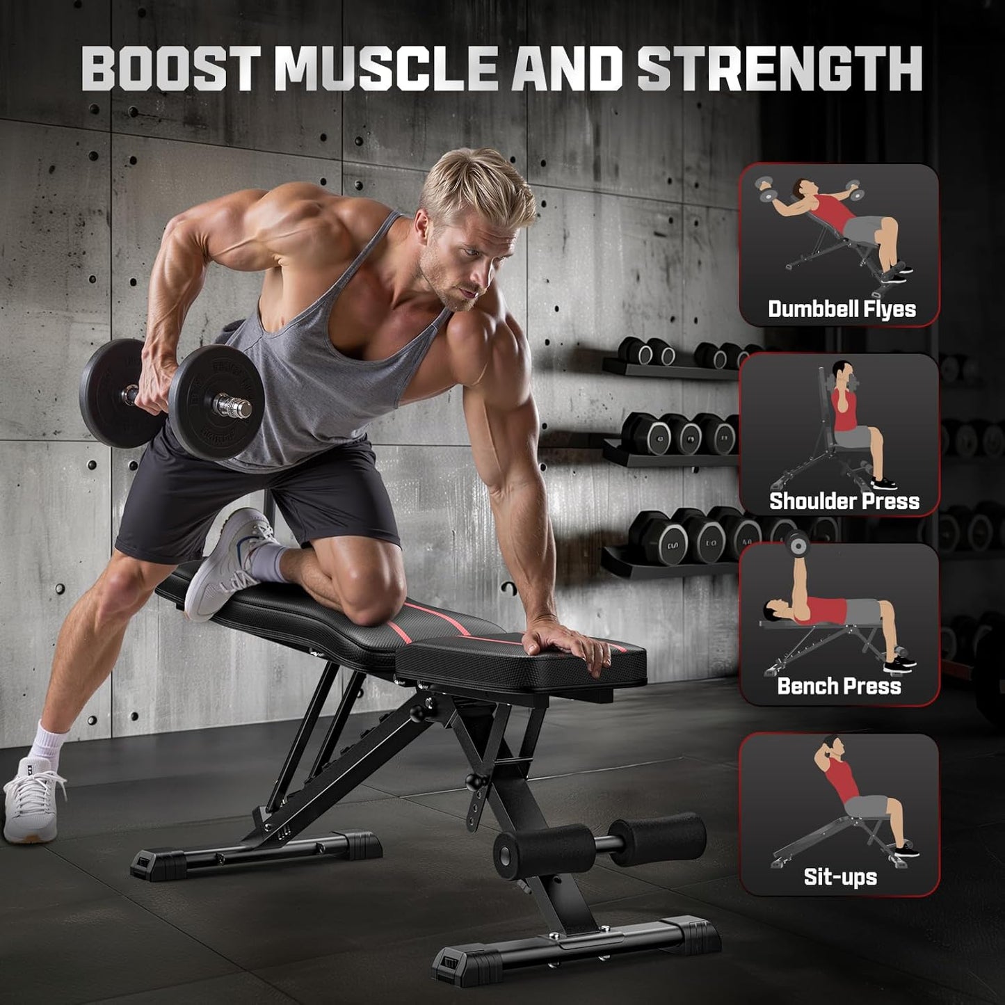 Adjustable Utility Weight Bench for Full Body Workout - Foldable Multi-Purpose Incline Bench (Black)