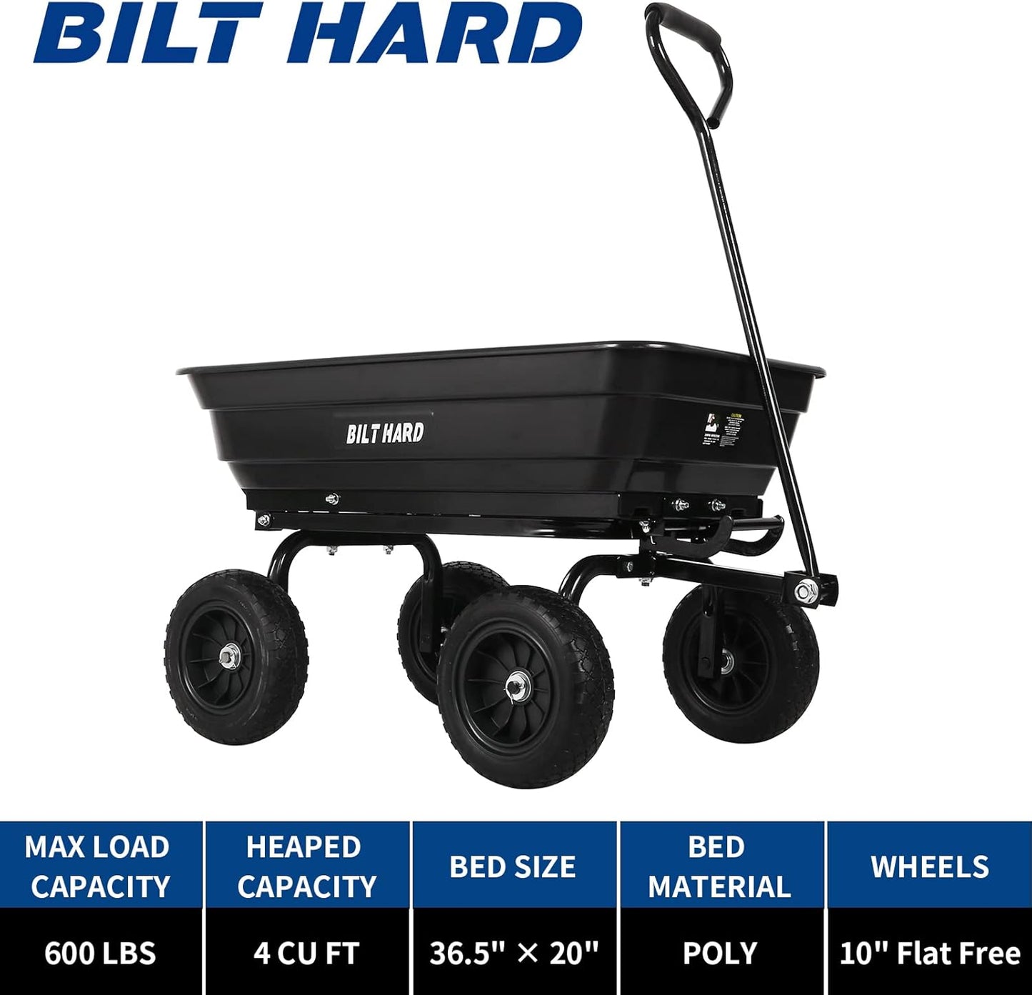 4 Cu.Ft. Heavy Duty Poly Yard Dump Cart with 10" No-Flat Tires, 180° Rotating Handle, 600 lbs Capacity