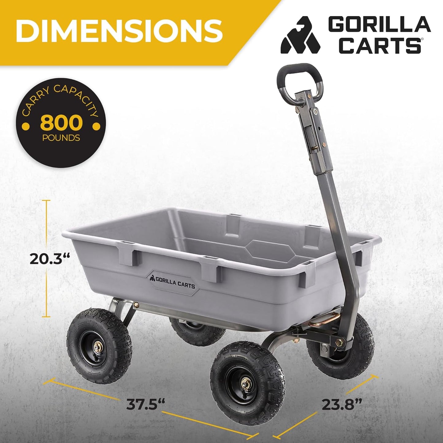Heavy-Duty Poly Yard Garden Cart - 800 lb Capacity, Steel Dump Utility Wheelbarrow with 2-in-1 Towing ATV Handle, Gray
