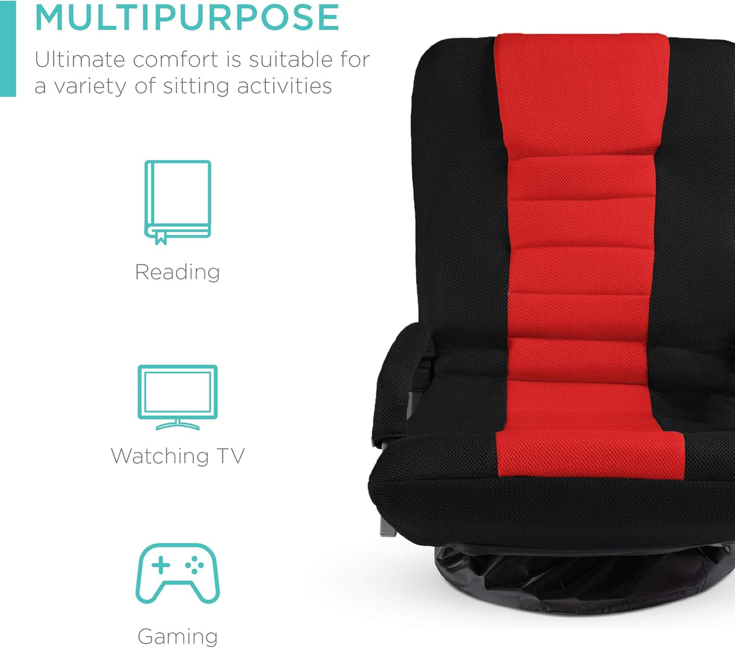 360-Degree Swivel Gaming Chair: Multipurpose Floor Rocker for TV, Reading, and Gaming with Lumbar Support, Armrest Handles, and Adjustable Backrest - Black/Red