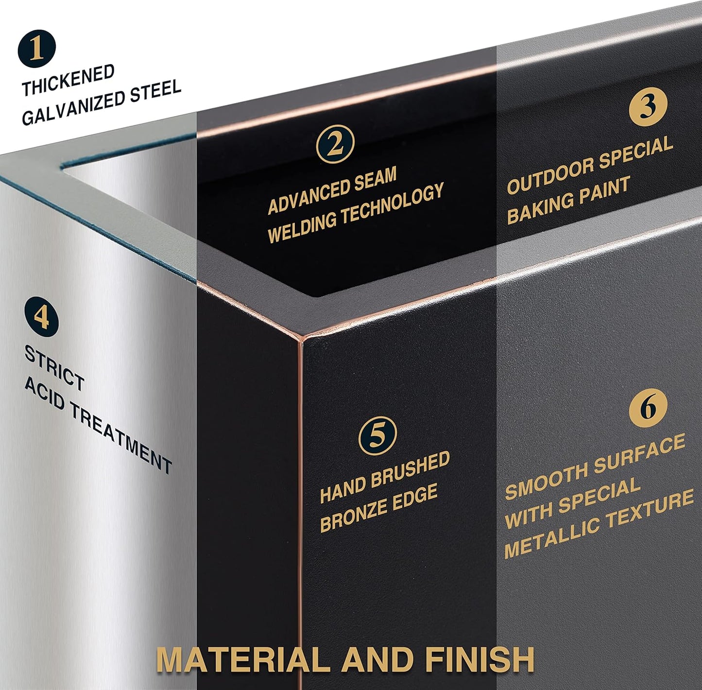 Black Metallic Planter Box with Hand-Brushed Gold Edge - 38Lx10Wx30H Inches, Heavy Outdoor and Indoor Divider, No Assembly Required