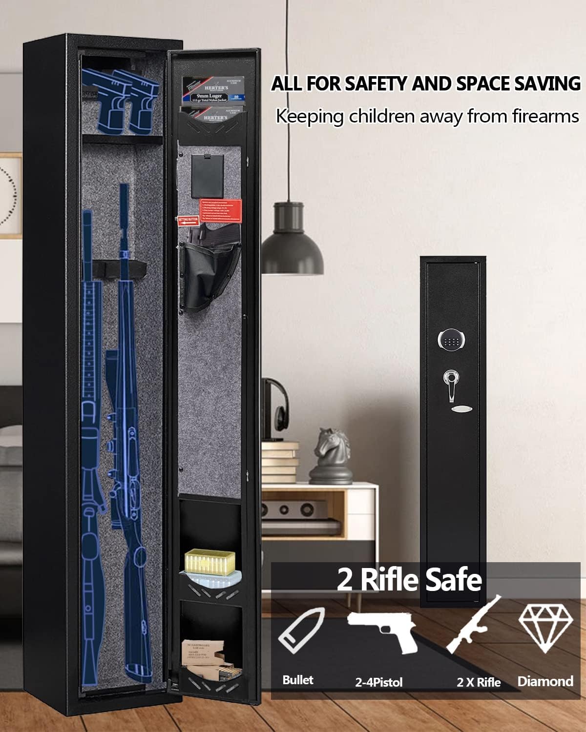 2-Gun Electronic Security Safes for Home Rifles and Pistols - Quick Access Gun Safe with Built-in Removable Storage Shelf for Shotguns
