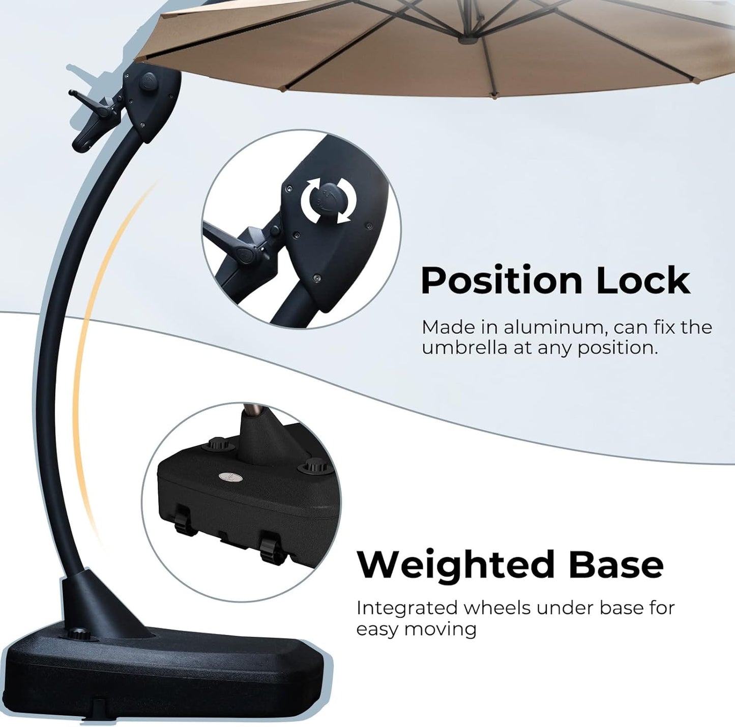2FT Offset Outdoor Cantilever Umbrella - Large Round Aluminum Umbrella with Base for Garden, Deck, and Poolside