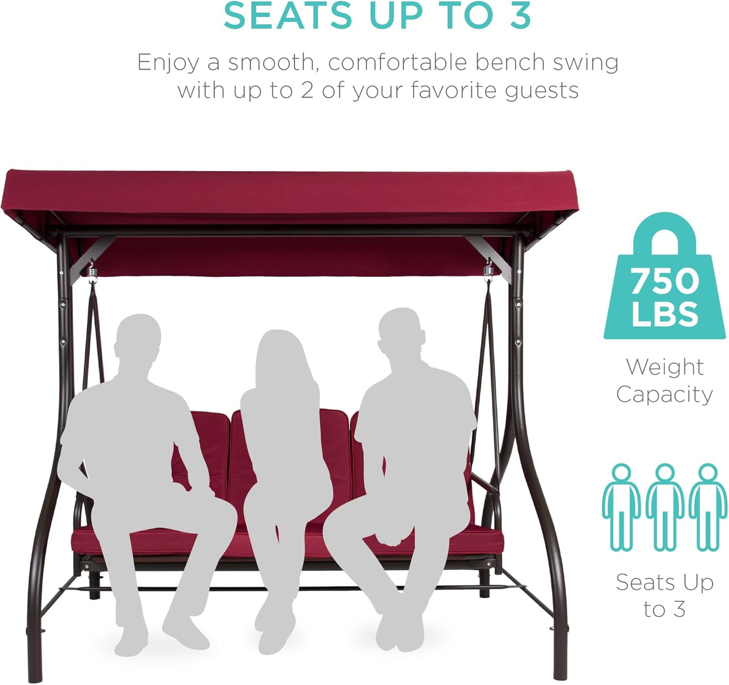3-Seat Outdoor Canopy Swing Glider Hammock with Flatbed and Adjustable Shade, Burgundy