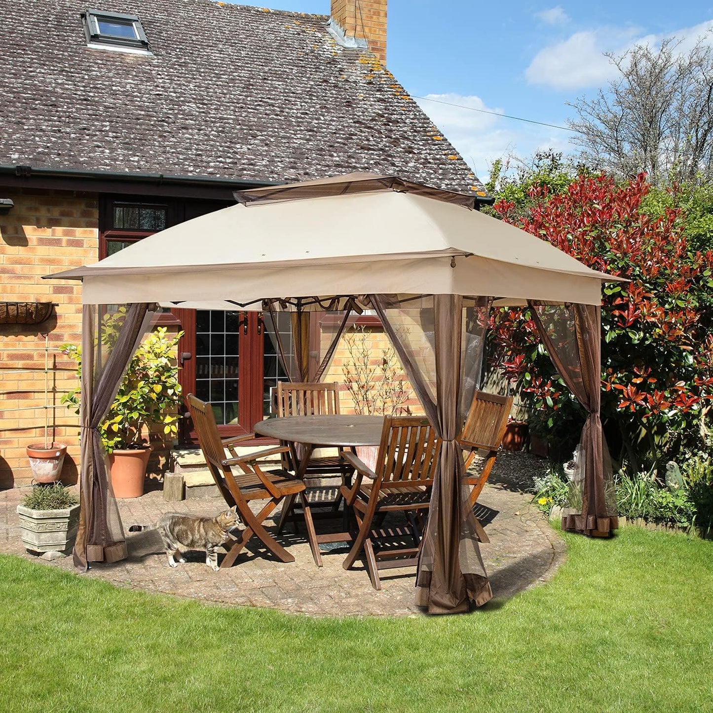 11x11 Pop-Up Instant Gazebo Tent - Beige Outdoor Canopy Shelter with Mosquito Netting and 121 Square Feet of Shade