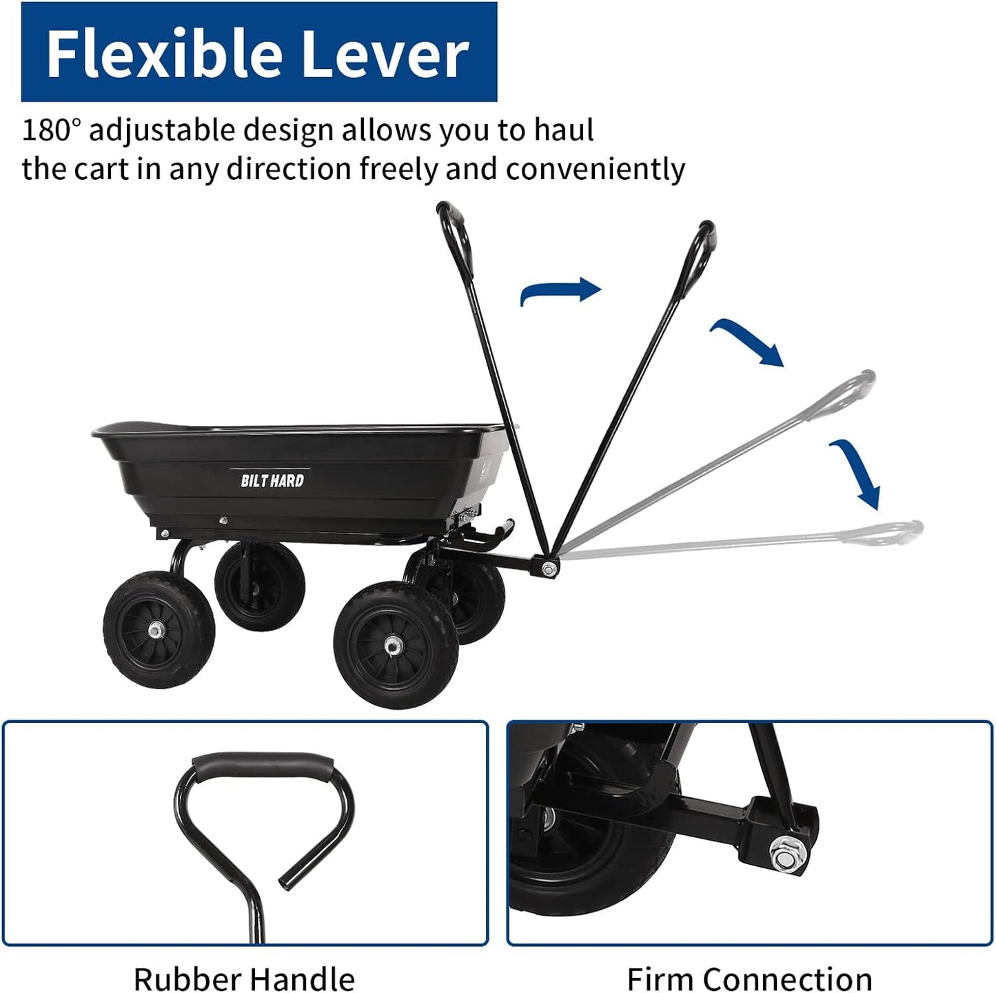4 Cu.Ft. Heavy Duty Poly Yard Dump Cart with 10" No-Flat Tires, 180° Rotating Handle, 600 lbs Capacity
