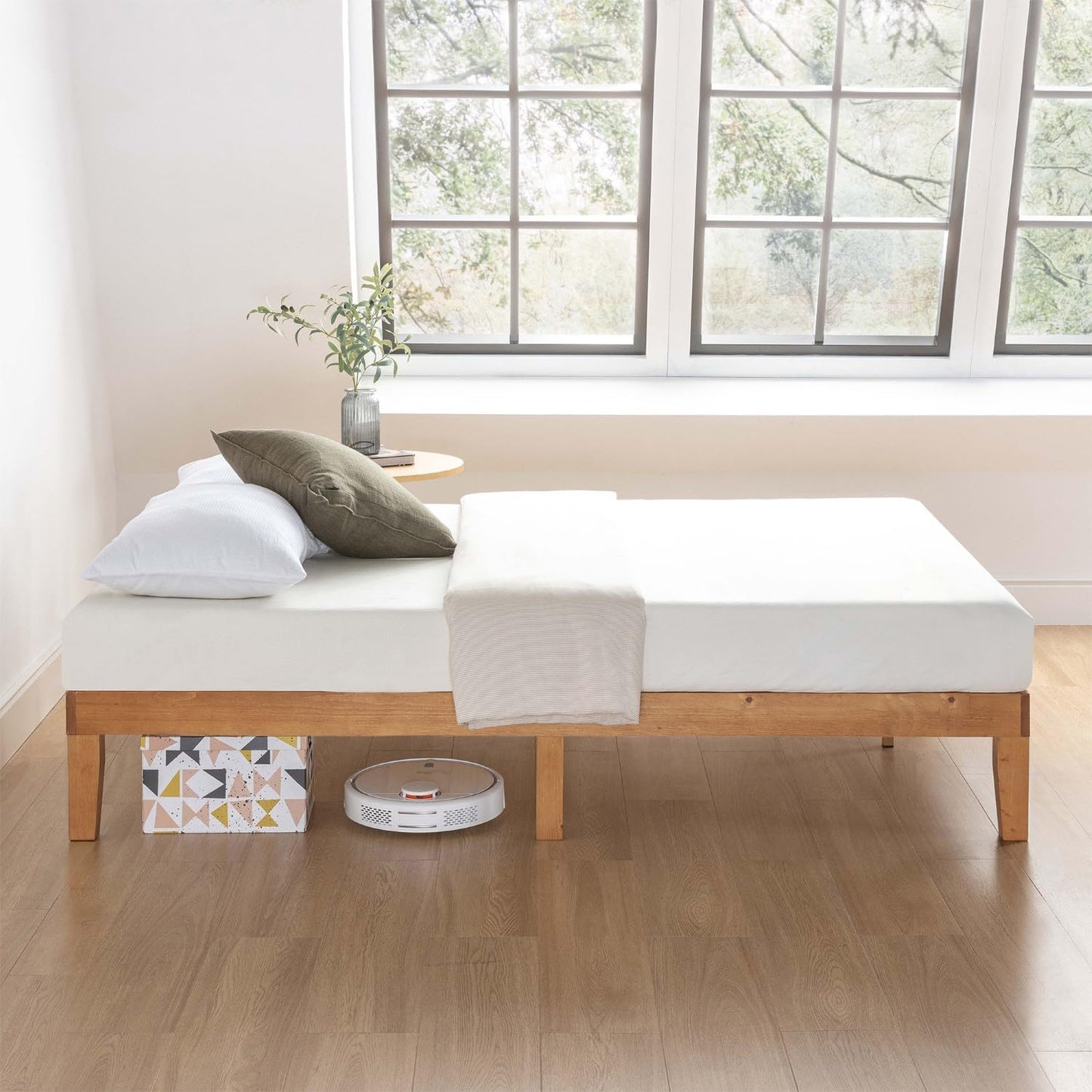 12" Queen Pine Platform Bed - Solid Wood, Wooden Slats, No Box Spring Needed, Easy Assembly