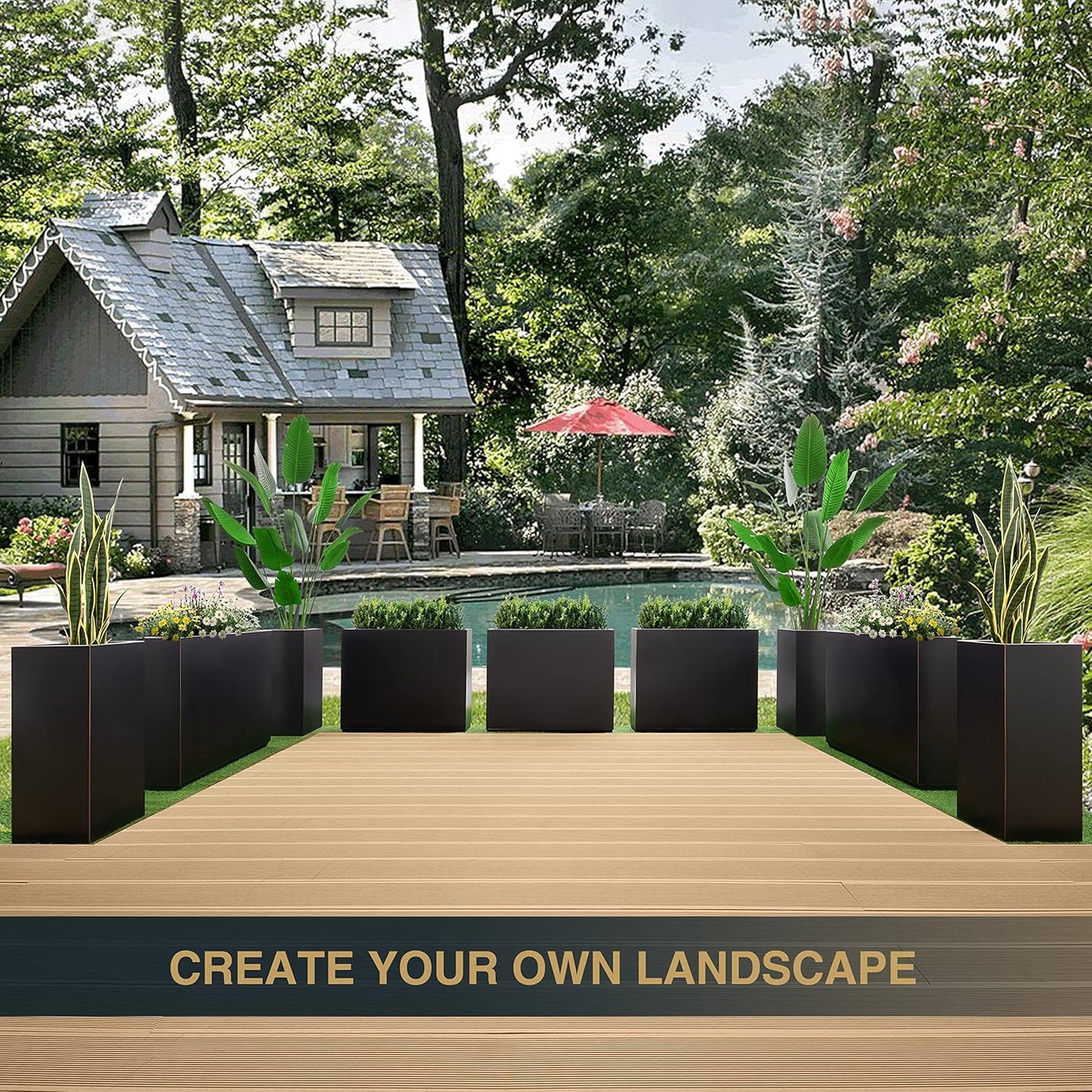 Black Metallic Planter Box with Hand-Brushed Gold Edge - 38Lx10Wx30H Inches, Heavy Outdoor and Indoor Divider, No Assembly Required