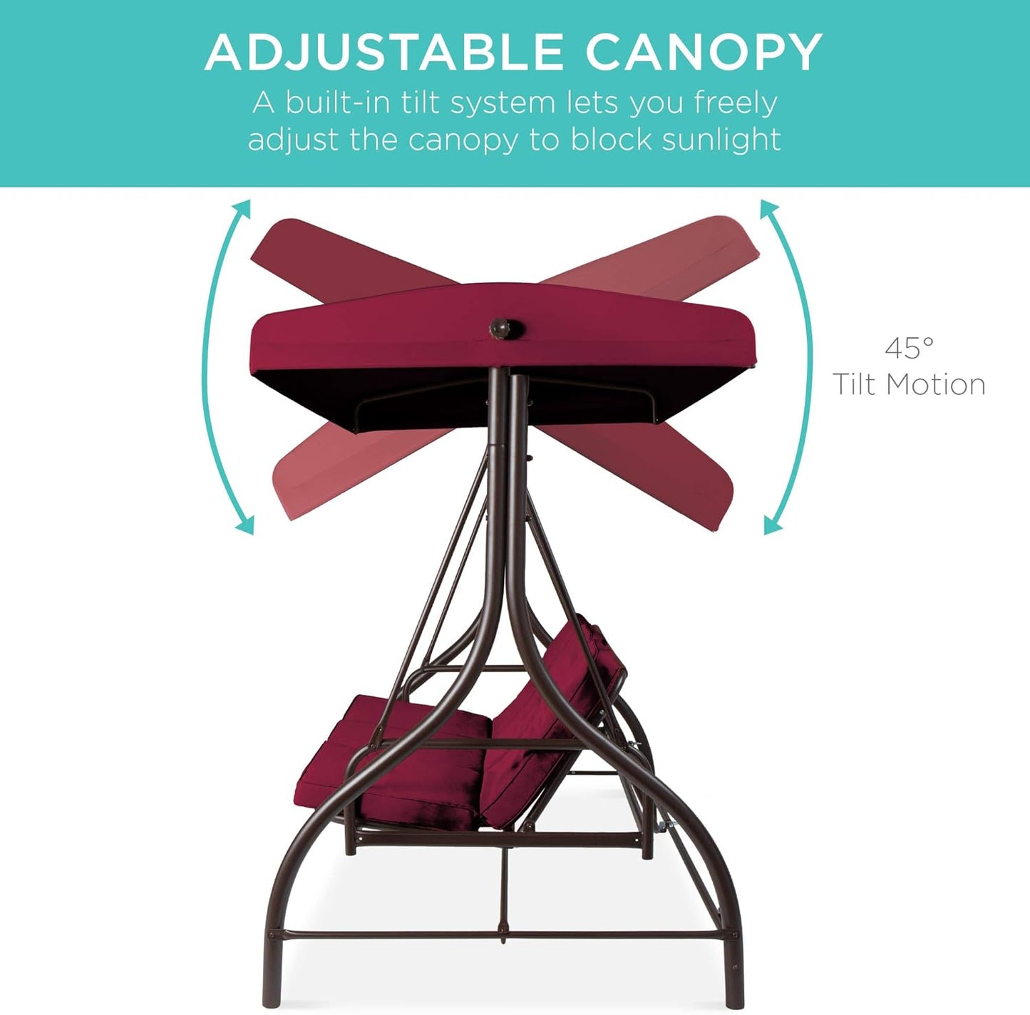 3-Seat Outdoor Canopy Swing Glider Hammock with Flatbed and Adjustable Shade, Burgundy