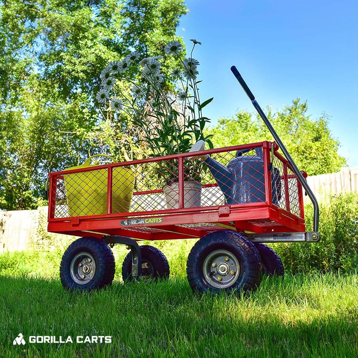 "800 Pound Capacity Steel Flatbed Garden Utility Cart - Red, Outdoor Yard Dolly Wagon with Tow Handle and Removable Sides "