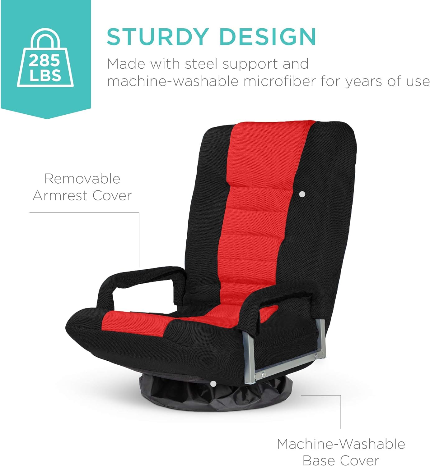 360-Degree Swivel Gaming Chair: Multipurpose Floor Rocker for TV, Reading, and Gaming with Lumbar Support, Armrest Handles, and Adjustable Backrest - Black/Red