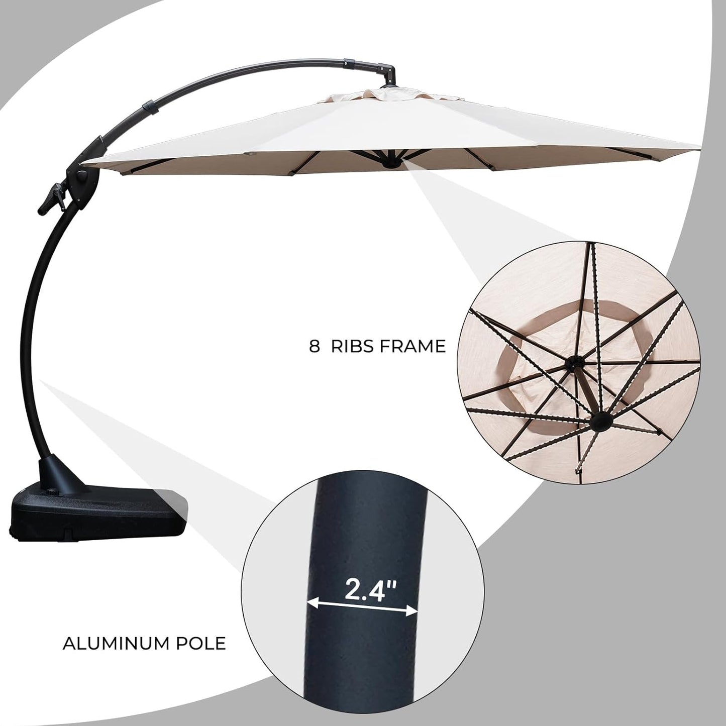 2FT Offset Outdoor Cantilever Umbrella - Large Round Aluminum Umbrella with Base for Garden, Deck, and Poolside