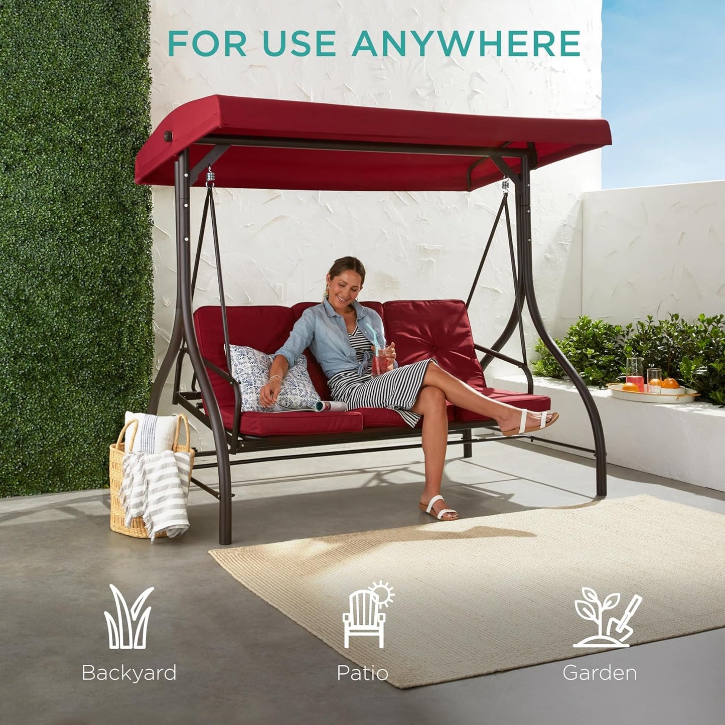 3-Seat Outdoor Canopy Swing Glider Hammock with Flatbed and Adjustable Shade, Burgundy