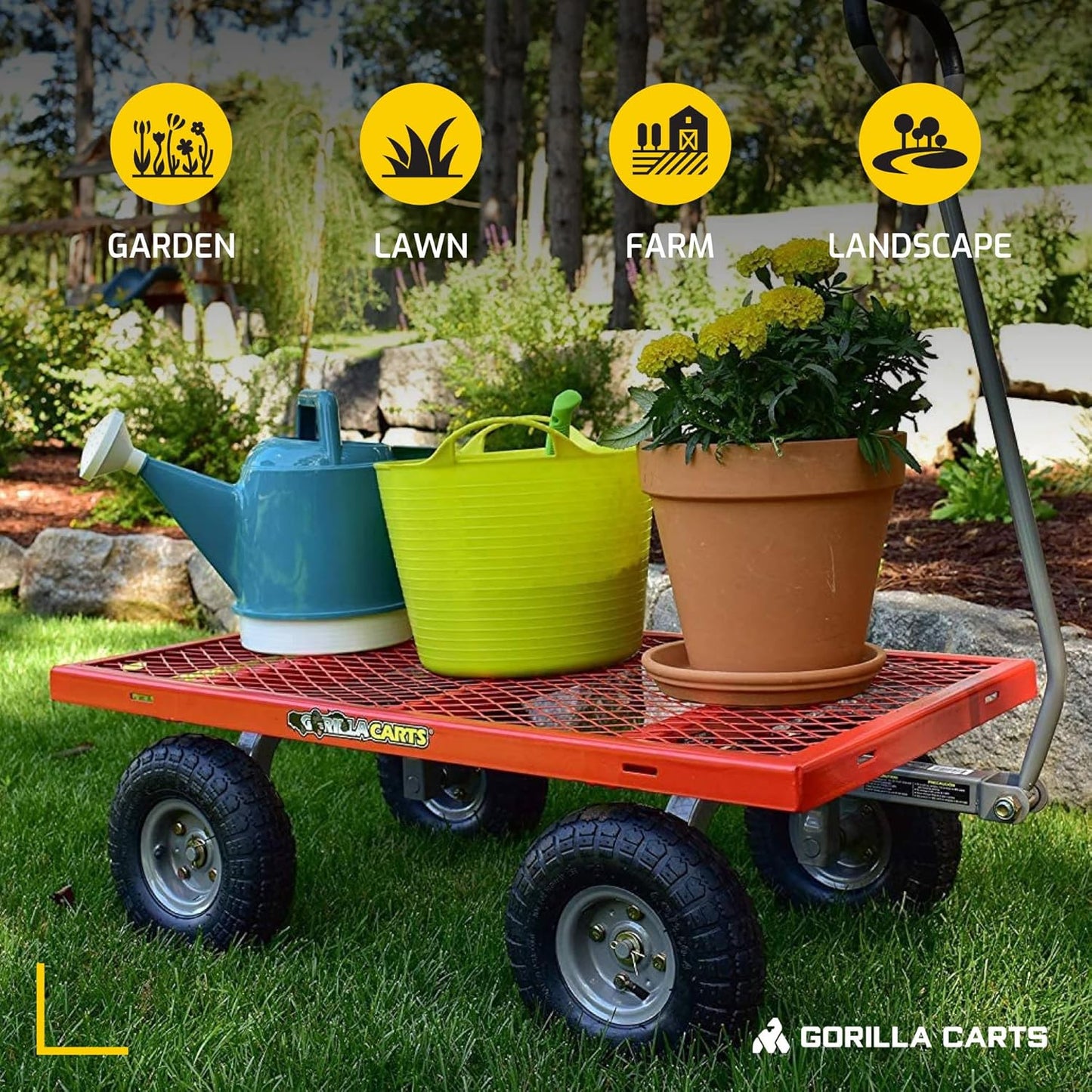 "800 Pound Capacity Steel Flatbed Garden Utility Cart - Red, Outdoor Yard Dolly Wagon with Tow Handle and Removable Sides "