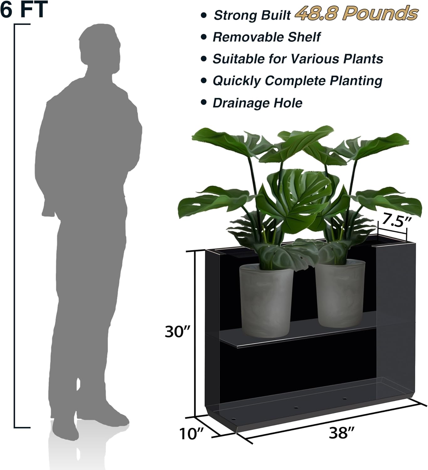 Black Metallic Planter Box with Hand-Brushed Gold Edge - 38Lx10Wx30H Inches, Heavy Outdoor and Indoor Divider, No Assembly Required