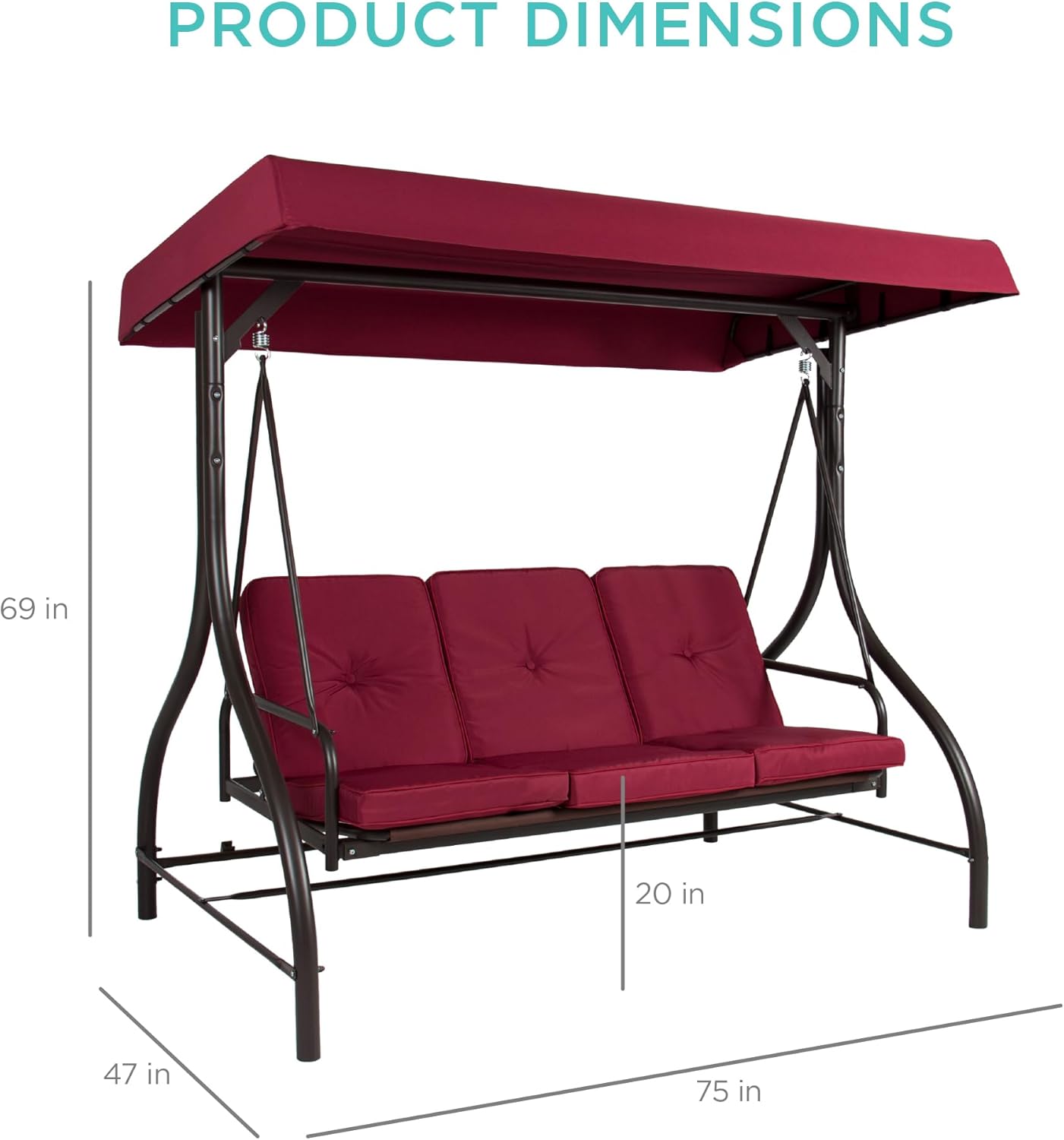 3-Seat Outdoor Canopy Swing Glider Hammock with Flatbed and Adjustable Shade, Burgundy