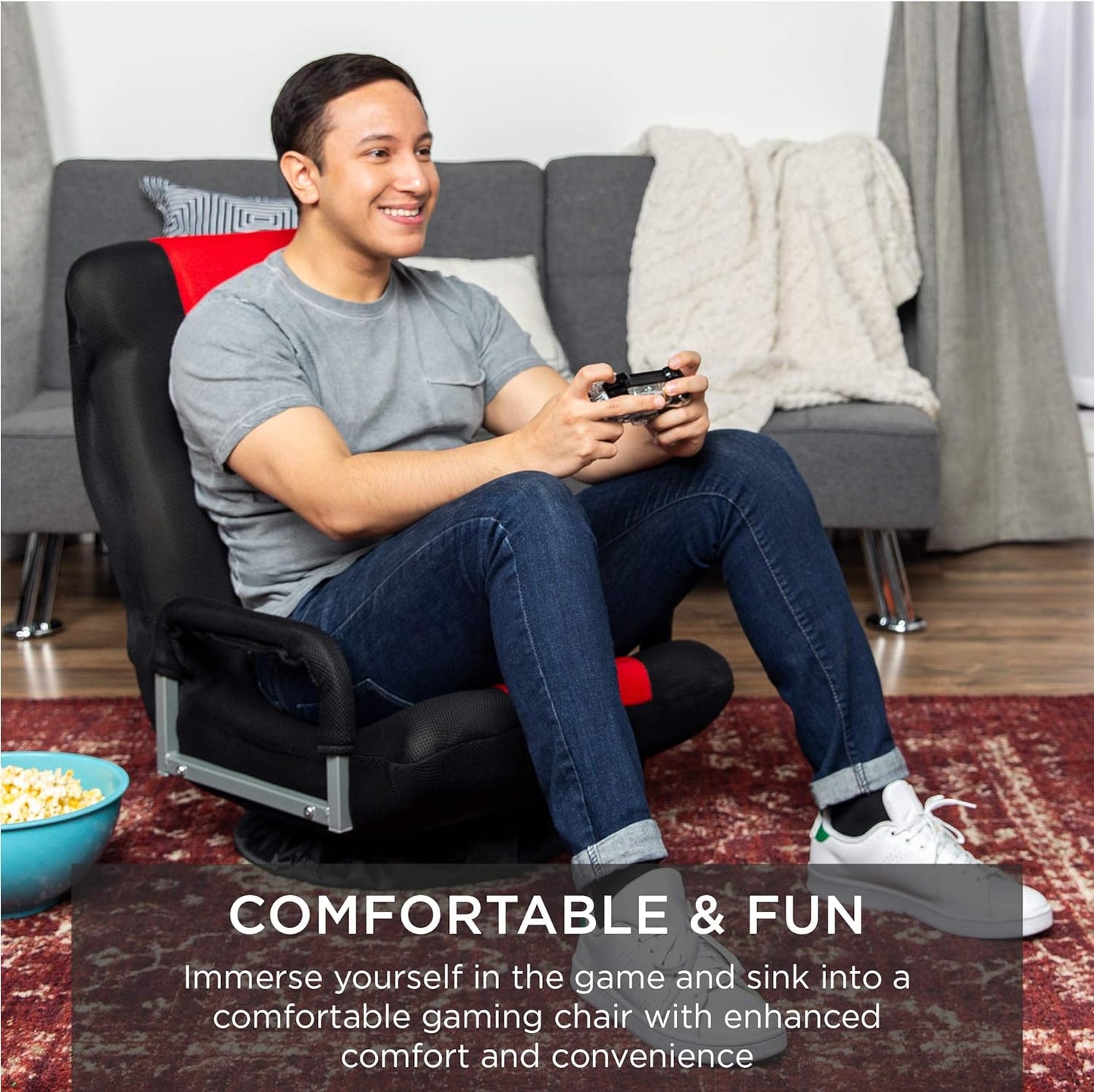 360-Degree Swivel Gaming Chair: Multipurpose Floor Rocker for TV, Reading, and Gaming with Lumbar Support, Armrest Handles, and Adjustable Backrest - Black/Red