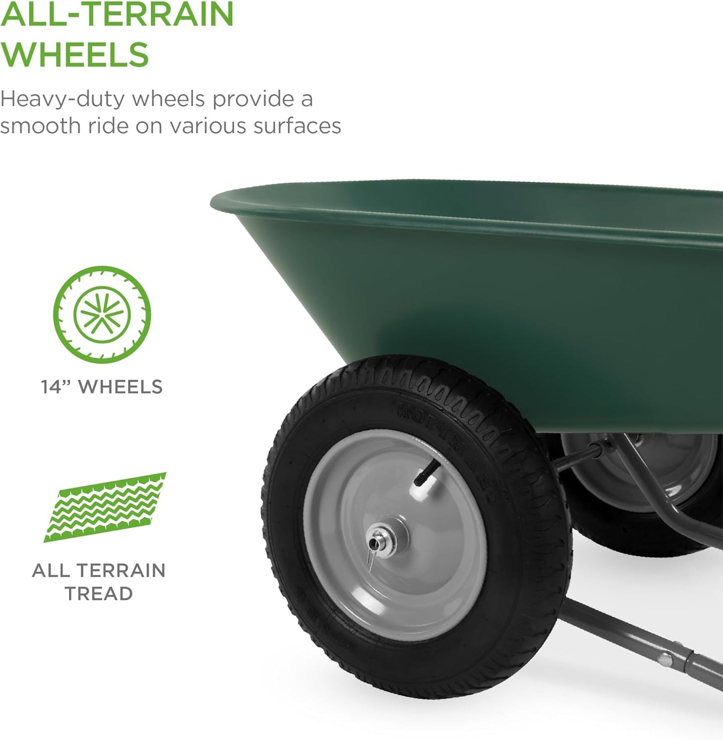 Dual-Wheel Utility Yard Wheelbarrow and Garden Cart with Built-in Stand - Green, Ideal for Lawn, Gardening, and Construction Tasks