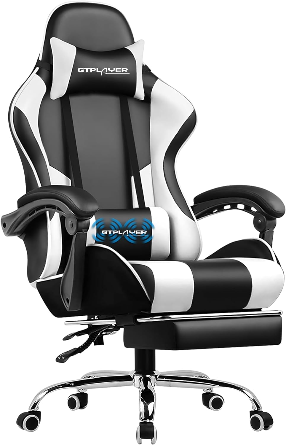 Height Adjustable White Gaming Chair with Footrest, Lumbar Support, and 360° Swivel for Office or Gaming