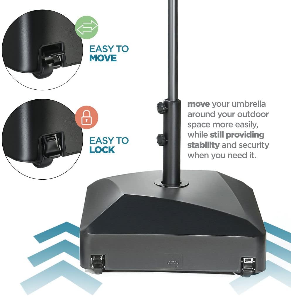 Umbrella Base - Fillable Umbrella Pole Holder with Heavy Duty Windproof Design for Patio, Deck, Poolside, Garden. 4 Wheels, 2 Locks, 2 Knobs, Holds 123 lbs, Classic Black