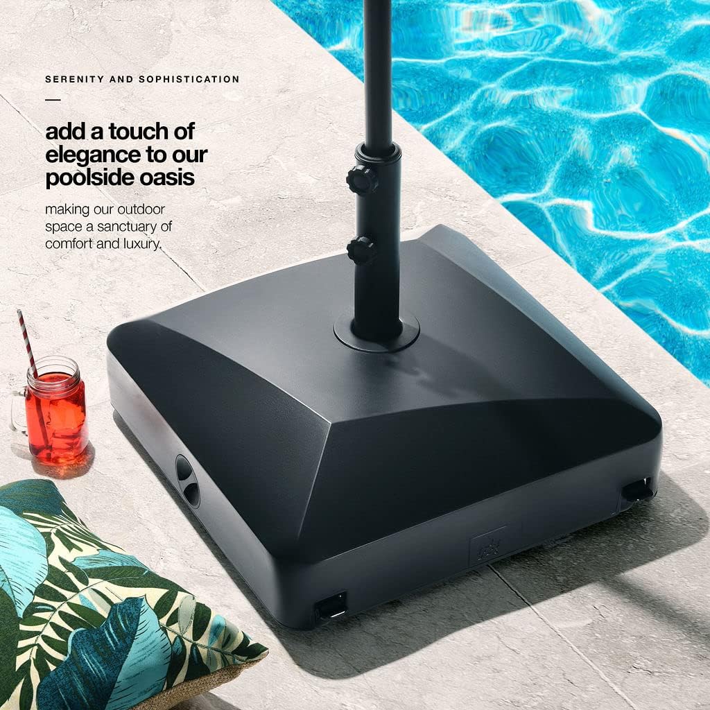 Umbrella Base - Fillable Umbrella Pole Holder with Heavy Duty Windproof Design for Patio, Deck, Poolside, Garden. 4 Wheels, 2 Locks, 2 Knobs, Holds 123 lbs, Classic Black