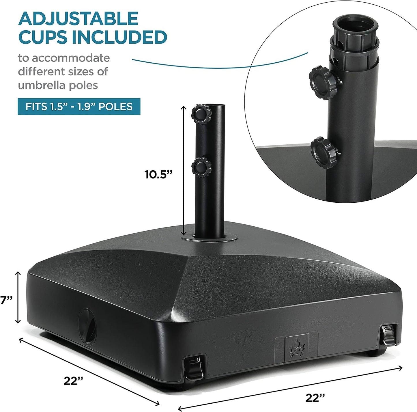 Umbrella Base - Fillable Umbrella Pole Holder with Heavy Duty Windproof Design for Patio, Deck, Poolside, Garden. 4 Wheels, 2 Locks, 2 Knobs, Holds 123 lbs, Classic Black