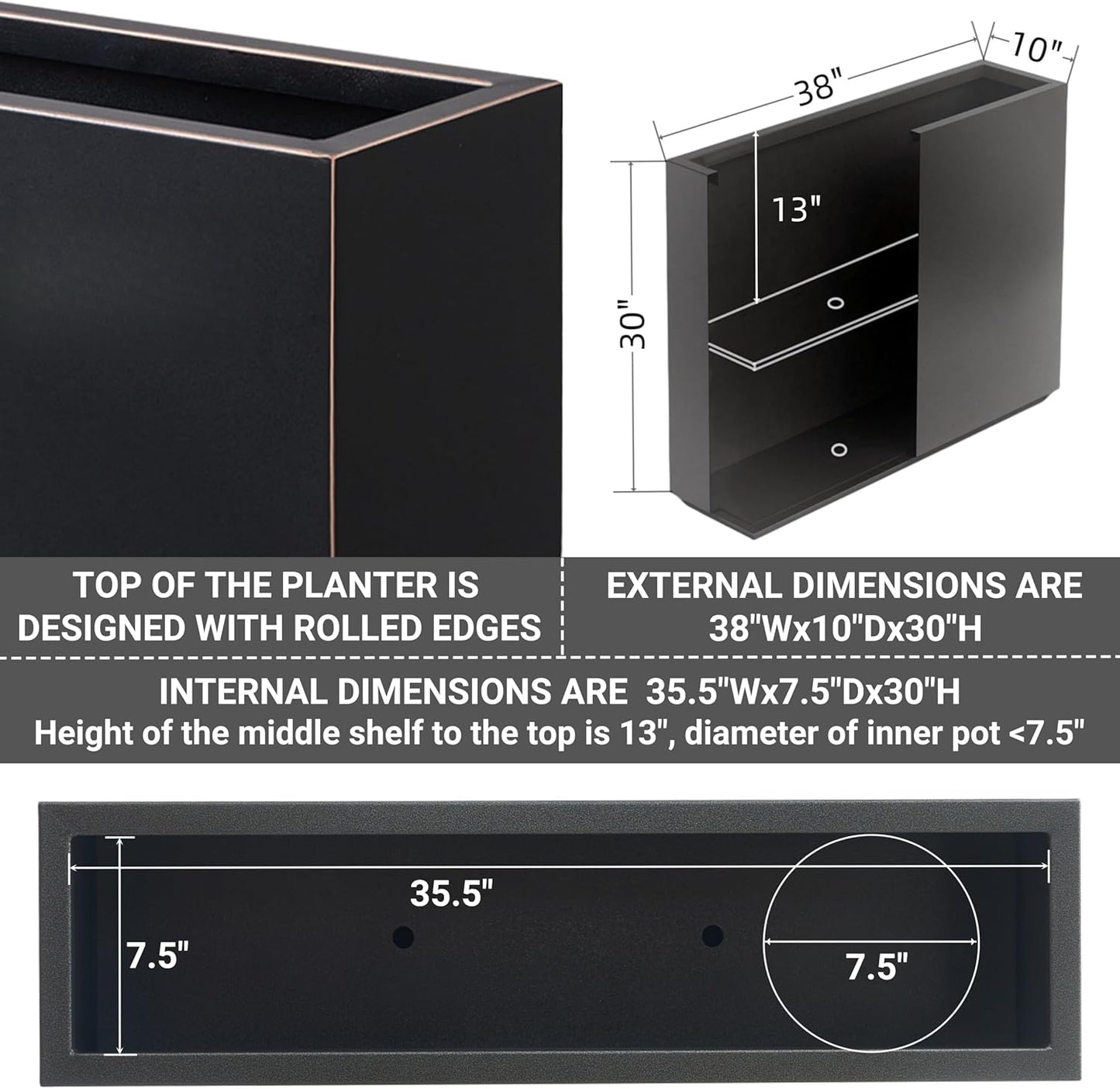 Black Metallic Planter Box with Hand-Brushed Gold Edge - 38Lx10Wx30H Inches, Heavy Outdoor and Indoor Divider, No Assembly Required