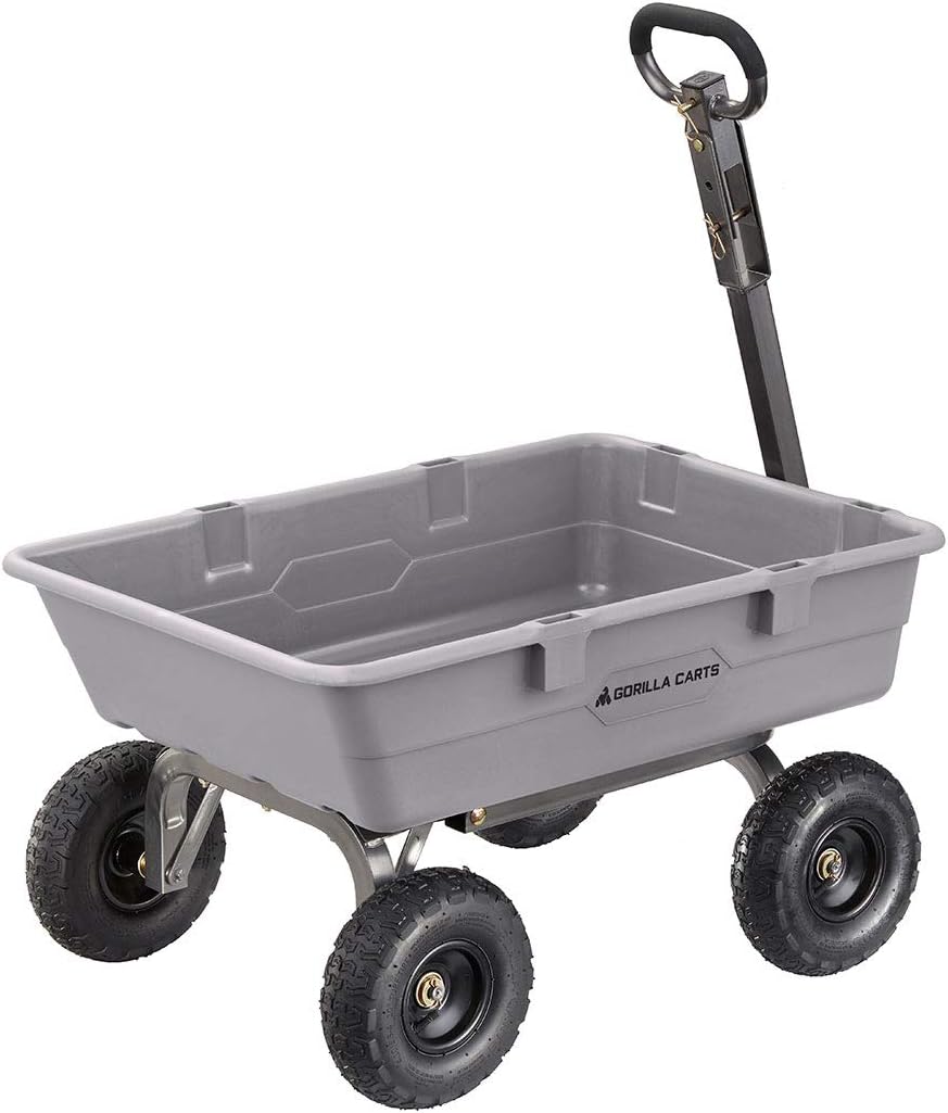 Heavy-Duty Poly Yard Garden Cart - 800 lb Capacity, Steel Dump Utility Wheelbarrow with 2-in-1 Towing ATV Handle, Gray