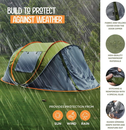 4 Person Pop Up Tent for Camping - Lightweight & Portable, Easy Quick Set-Up, 2 Doors, Lantern Hook, Storage Pockets, Carry Bag for Outdoor Hiking, Travel