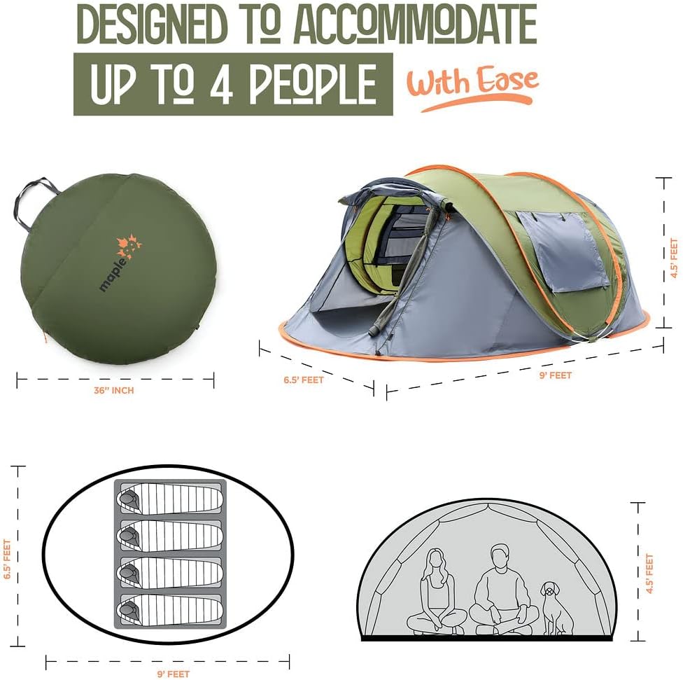 4 Person Pop Up Tent for Camping - Lightweight & Portable, Easy Quick Set-Up, 2 Doors, Lantern Hook, Storage Pockets, Carry Bag for Outdoor Hiking, Travel