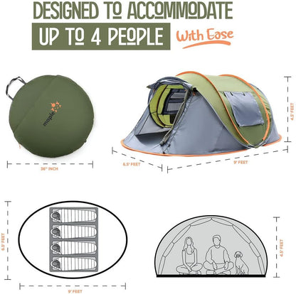 4 Person Pop Up Tent for Camping - Lightweight & Portable, Easy Quick Set-Up, 2 Doors, Lantern Hook, Storage Pockets, Carry Bag for Outdoor Hiking, Travel