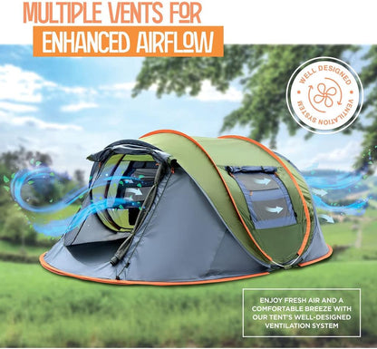 4 Person Pop Up Tent for Camping - Lightweight & Portable, Easy Quick Set-Up, 2 Doors, Lantern Hook, Storage Pockets, Carry Bag for Outdoor Hiking, Travel